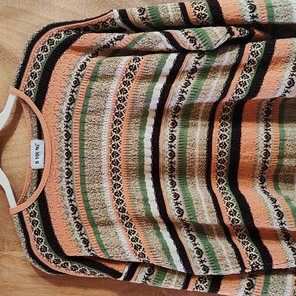 Vintage B-Young Denmark Womens Grandpa Sweater Peach Brown Green Cotton Blend 2X - Picture 2 of 11